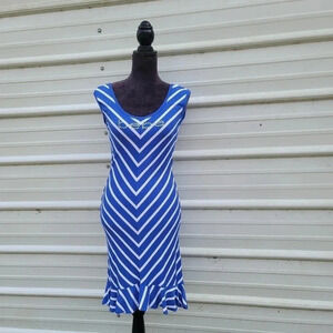 Bebe Women Dress Blue White Midi Bodycon Sleeveless Scoop Neck Sz M